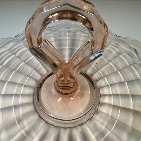 Vintage Pink Depression Glass Handled Tray 11" Scalloped Ribbed Platter - Picture 2 of 13